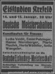 Am 14. und 15.01.1939 finden die deutschen Meisterschaften im Eiskunstlaufen der Frauen in Krefeld statt. 