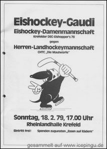 Eishockey-Gaudi. Eishockey-Damenmannschaft Krefelder DEC-Eishoppers gegen Herren-Landhockeymannschaft CHTC "Die Maulwürfe".