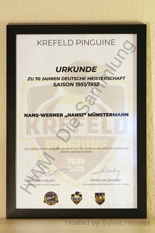 Urkunde zu 70 Jahren Deutsche Meisterschaft Saison 1951/52 im Rahmen 