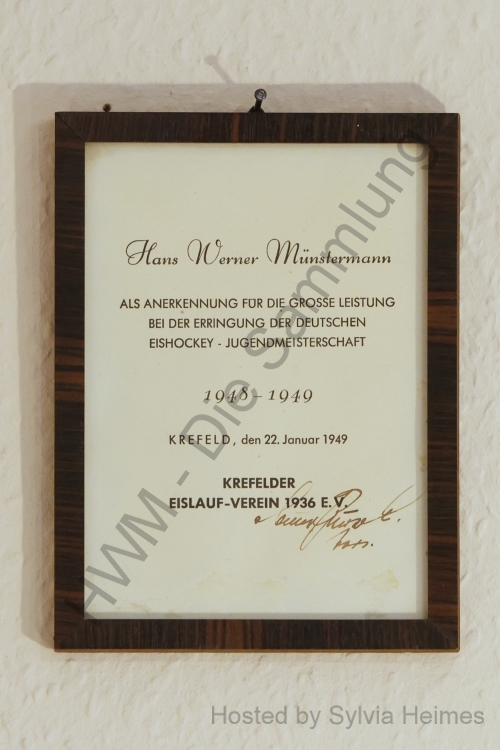 Urkunde Anerkennung Eishockey-Jugendmeisterschaft im Rahmen