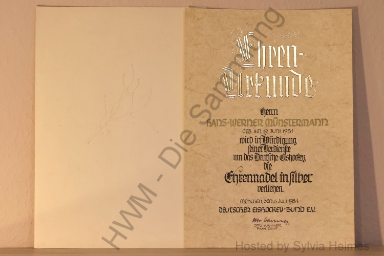 Ehren-Urkunde Deutsche Ehrennadel in Silber für H.-W. Münstermann DEB 06.Juli 1984