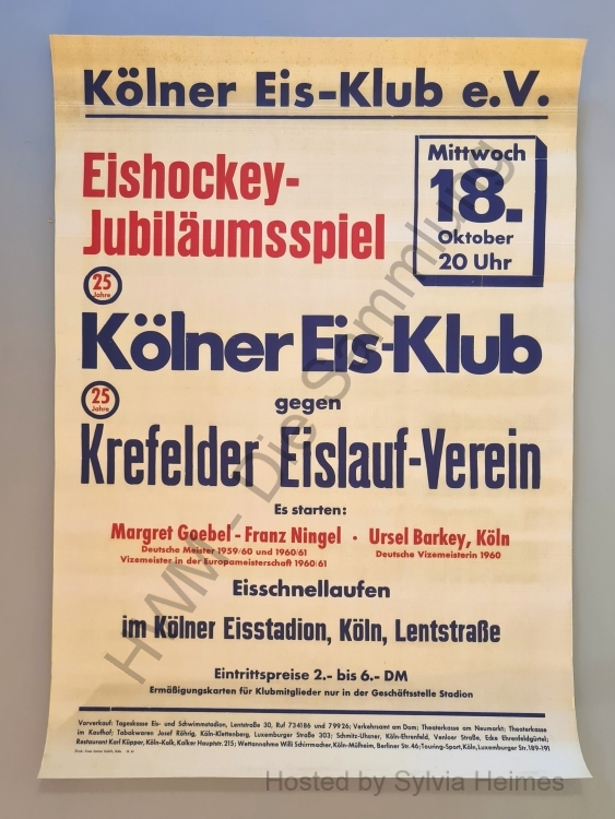 Eishockey-Jubiläumsspiel Kölner Eisklub gegen Krefelder Eislauf-Verein Poster