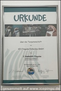 Urkunde - Patenschaft für ein Jahr über zwei Humboldt-Pinguine April 2018.