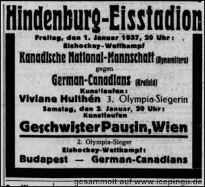Ankündigung für ein Spiel der German Canadians in der Zeitung "Niederrheinsiche Volkszeitung" vom 01.01.1937