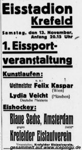 Ankündigung der ersten Großveranstaltung der Saison in der Zeitung "Niederrheinische Volkszeitung" vom 13.11.1937. Es spielt der KEV. 