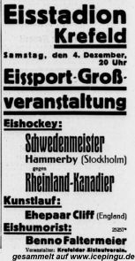 Ankündigung für ein Spiel der Rheinland Kanadier in der Zeitung "Niederrheinische Volkszeitung" vom 04.12.1937 .