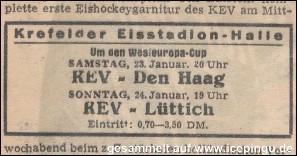 Anzeige in der Zeitung. Krefeld nimmt am Westeuropa-Cup ( auch Lippens- oder Nord-West-Europa-Pokal ) teil.