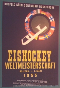 Das WM-Plakat. Es wird allgemein eine Dauerkarte empfohlen. Die DK ist übertragbar und gilt auch für die Eröffnungsfeier in Krefeld. Ca. 15 Länderspiele in 10 Tagen vom 25.02. - 06.03.1955.
