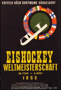 Ansichtskarte mit Freimarke und Stempel Eishockeyweltmeisterschaft.
