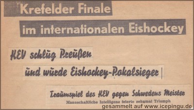 Schlagzeilen aus der Zeitung zum Finale um den Samt- und Seide-Pokal: Krefelder EV - KTSV Preussen 1855 Krefeld.