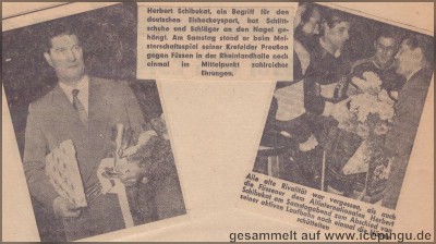 Schlittschuhe und Schläger an den Nagel gehangen ... Herbert Schibukat wird zum Abschluß seiner Karriere nochmal gefeiert und geehrt. 