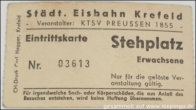 Preussen Eintrittskarte Stehplatz, Städtische Eisbahn. 