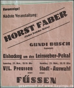 Saison 1948/49 Ankündigung: Die Stadt-Auswahl spielt gegen den EV Füssen.